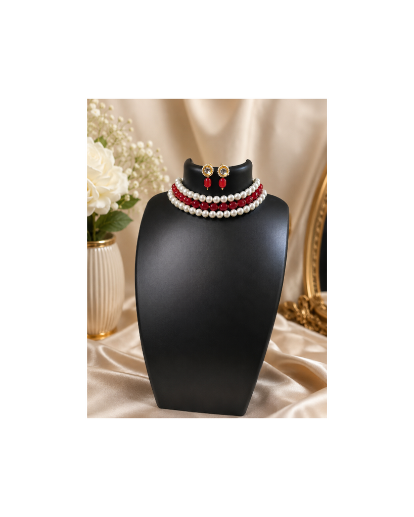 Red , white glass Beads Choker