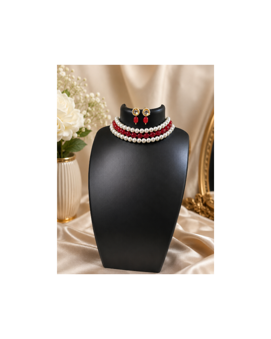 Red , white glass Beads Choker