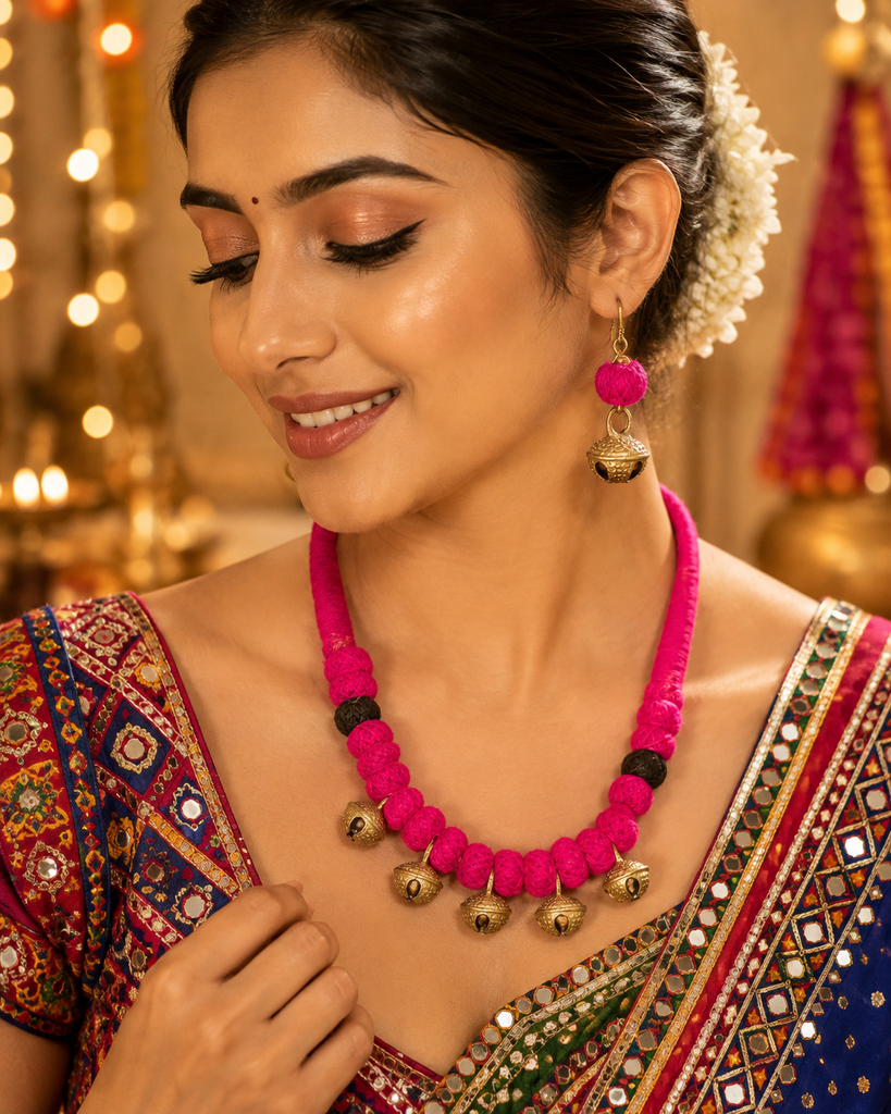 Pink Thread Bell Necklace