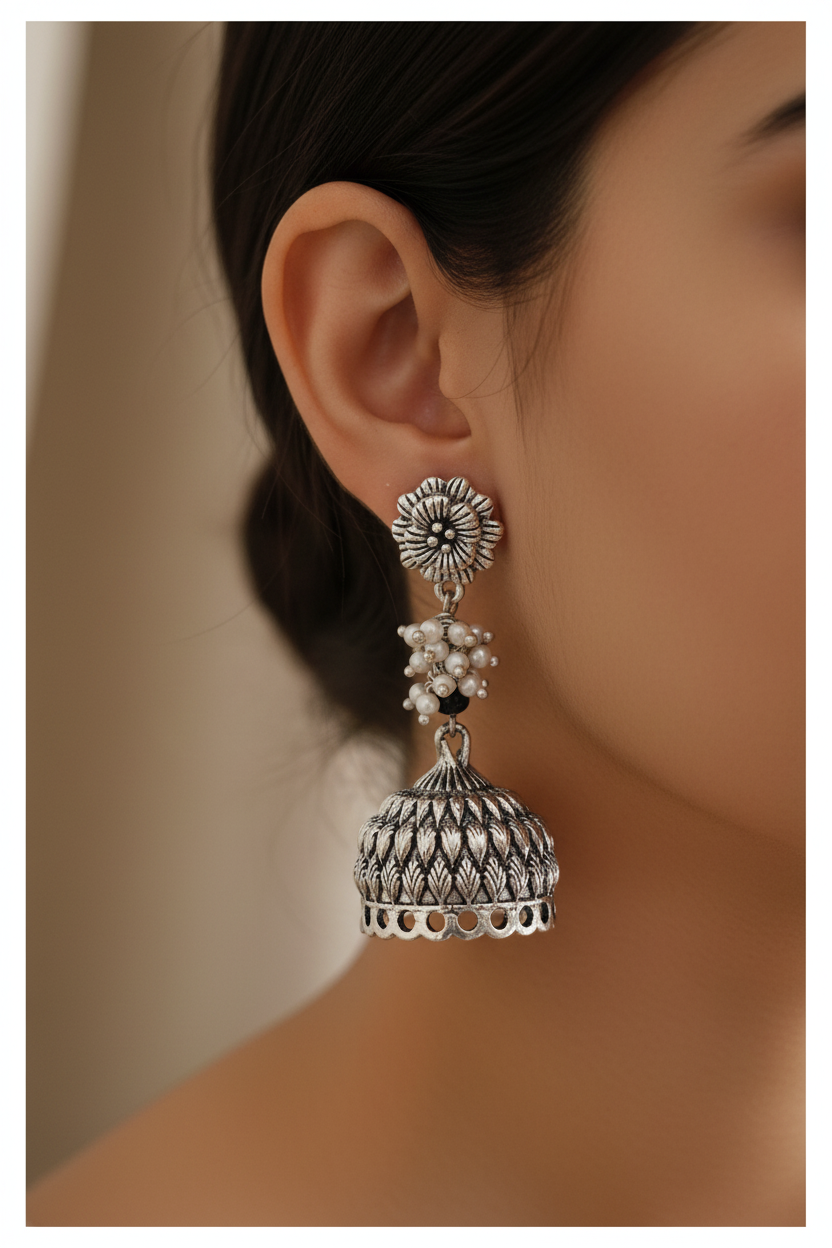 Pearl  Oxidised Jhumka