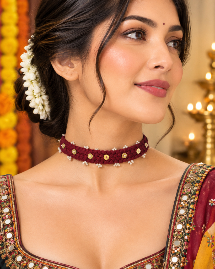 Maroon Thread Beaded Choker