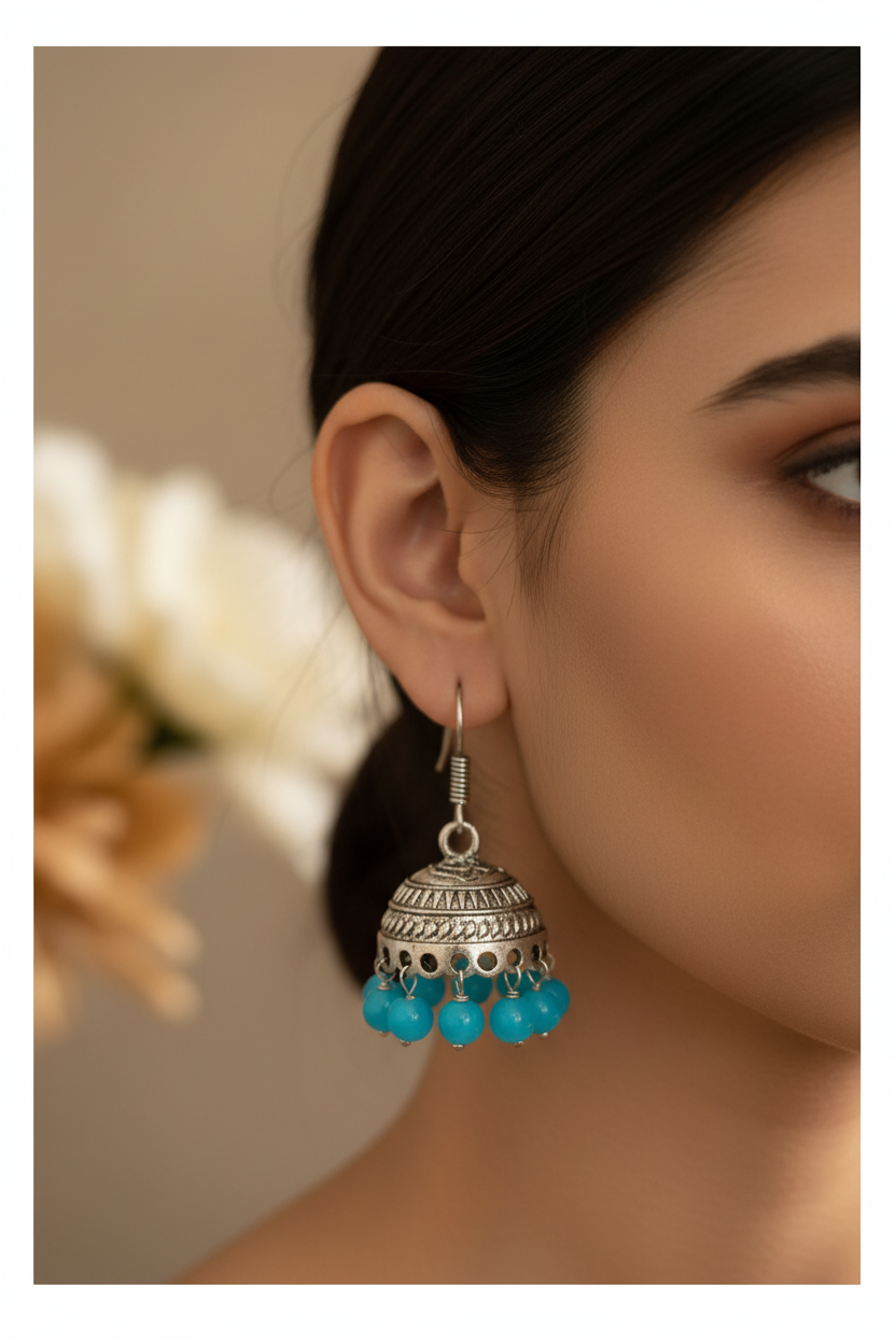Turquoise Oxidised Dome Jhumkas