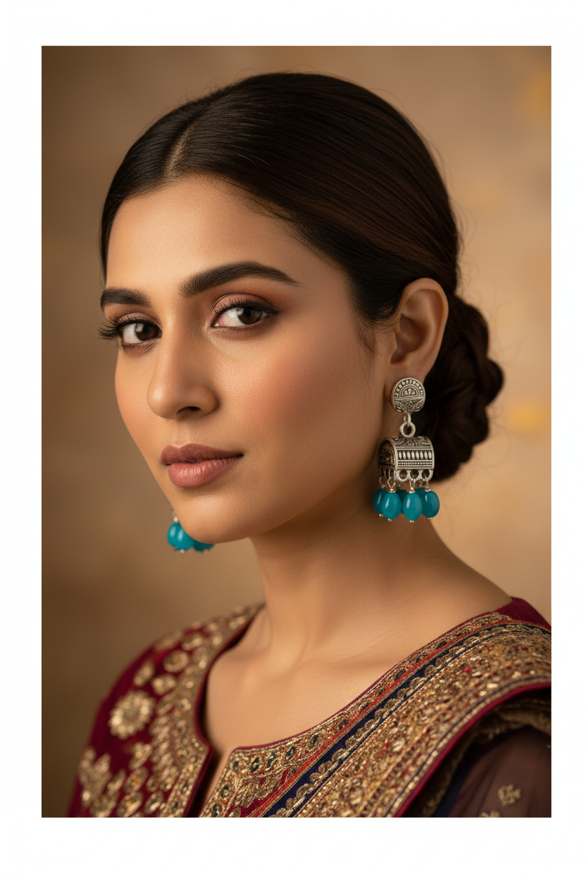 Blue Bead silver Jhumka